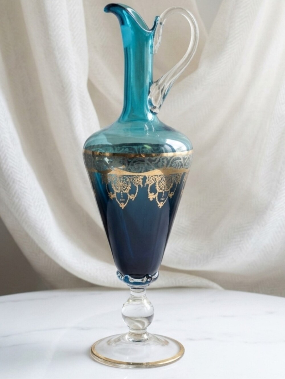 Vintage Venetian Murano Blue Glass Ewer Decanter Gold